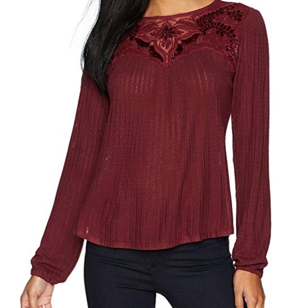 Lucky Brand Women's Long Sleeve Lace Yoke Blouse - Burgundy